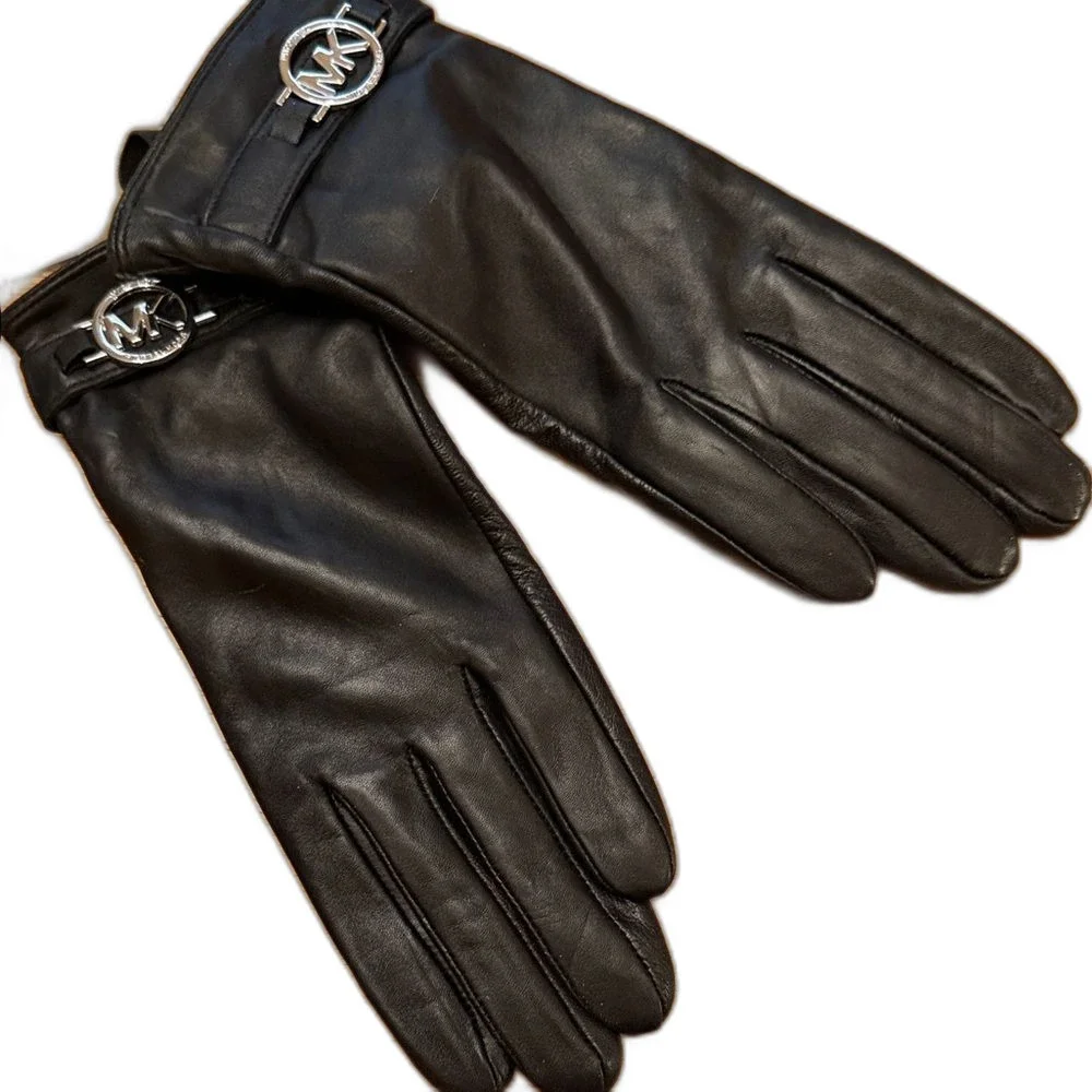 Michael Kors Black Leather Touch Tip Gloves with Logo Accent